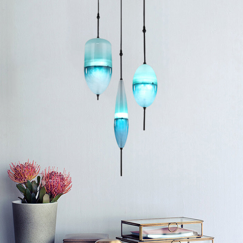 Modernist Teardrop Cluster Pendant Glass 3 Lights Living Room Hanging Light Fixture in Blue