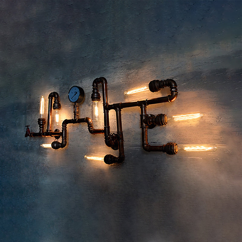 Maze Design Metal Wall Lighting with Pressure Gauge Steampunk 8-Light Bathroom Wall Sconce in Bronze
