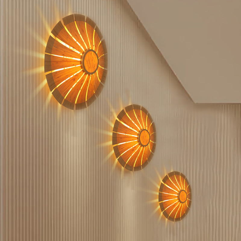 19.5"/23.5" Dia Circular Wall Sconce Lighting Modern Style Wood Veneer 1 Light Living Room Wall Lamp