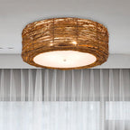 Hand-Woven Flush Mount Lamp with Round Shade Modern Rattan 3 Lights Bedroom Ceiling Light Fixture in Brown, 16"/19.5" W