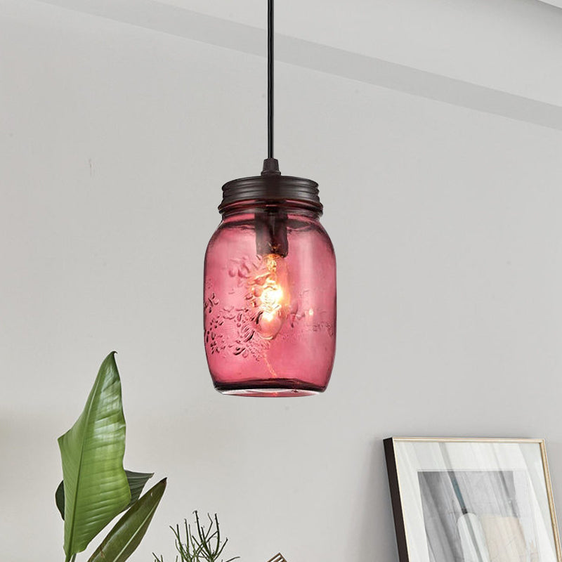 1-Light Pendant Lighting Modern Caged Mason Jar Blown Glass Hanging Ceiling Light in Red/Green/Amber
