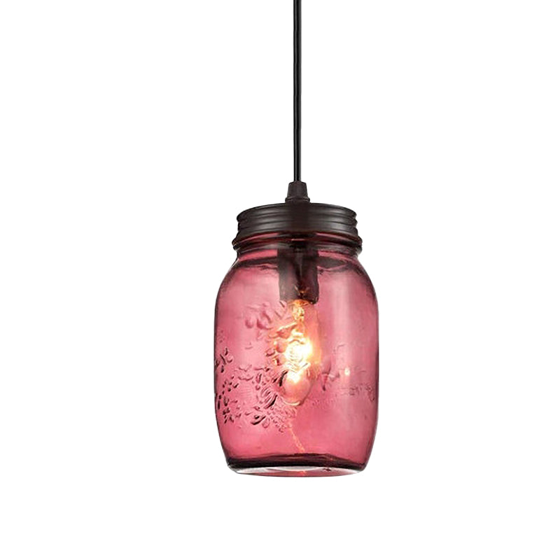 1-Light Pendant Lighting Modern Caged Mason Jar Blown Glass Hanging Ceiling Light in Red/Green/Amber