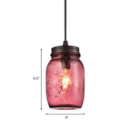 1-Light Pendant Lighting Modern Caged Mason Jar Blown Glass Hanging Ceiling Light in Red/Green/Amber