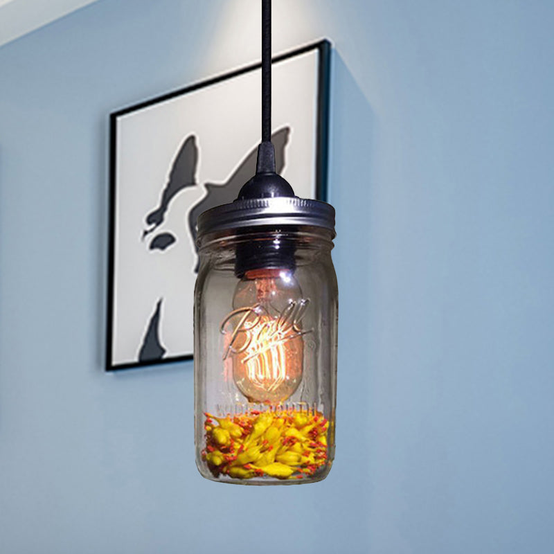 1-Light Pendant Lighting Modern Caged Mason Jar Blown Glass Hanging Ceiling Light in Red/Green/Amber
