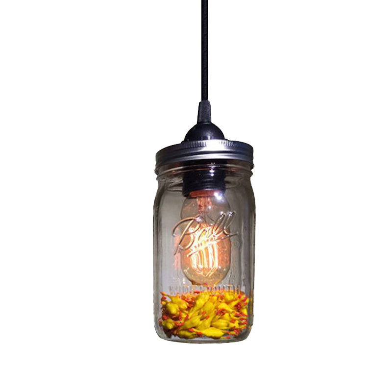 1-Light Pendant Lighting Modern Caged Mason Jar Blown Glass Hanging Ceiling Light in Red/Green/Amber