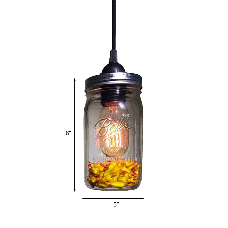 1-Light Pendant Lighting Modern Caged Mason Jar Blown Glass Hanging Ceiling Light in Red/Green/Amber