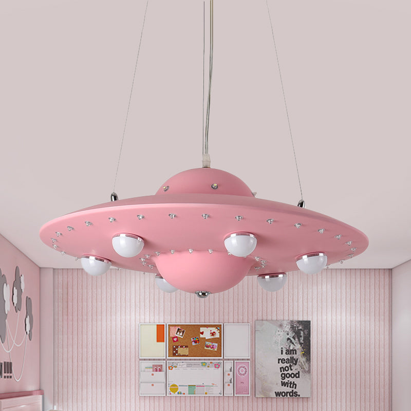 Nordic Flying Saucer Chandelier Light Metallic Child Bedroom LED Pendant Lamp Fixture in Grey/Pink/Blue