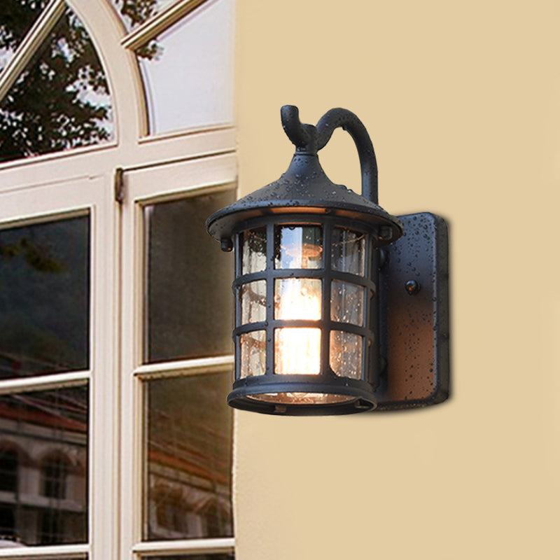 Seeded Glass Lantern Wall Lamp Countryside Single Light Outdoor Wall Light in Bronze/Black