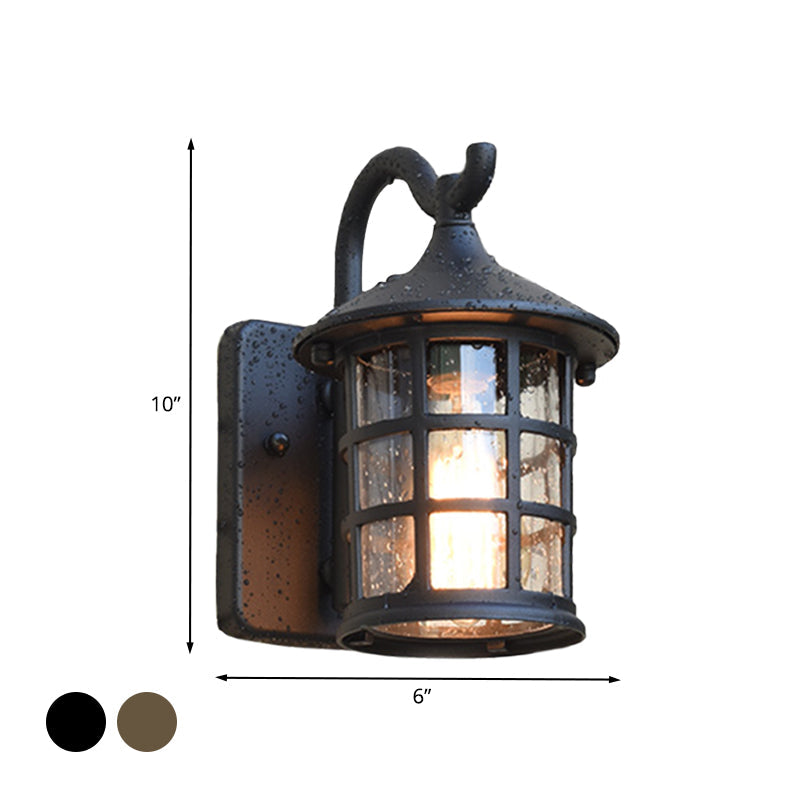 Seeded Glass Lantern Wall Lamp Countryside Single Light Outdoor Wall Light in Bronze/Black
