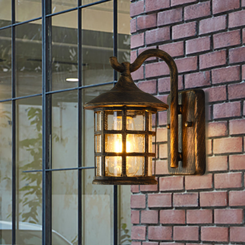 Seeded Glass Lantern Wall Lamp Countryside Single Light Outdoor Wall Light in Bronze/Black