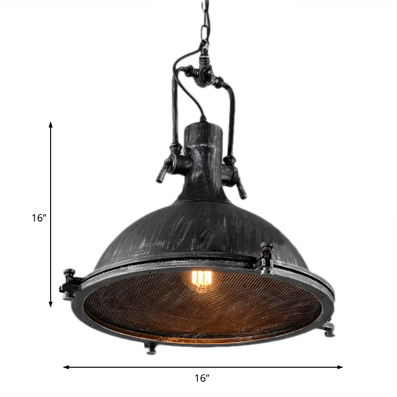 1 Light Dome Hanging Light Vintage Style Antique Black Metal Pendant Lighting Fixture with Wire Mesh