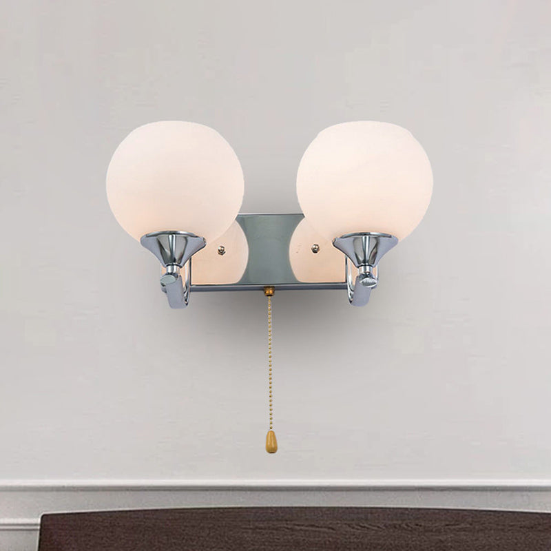 Cream Glass Global Wall Mount Light Modern 2-Head Chrome Wall Lamp Fixture with Pull Chain