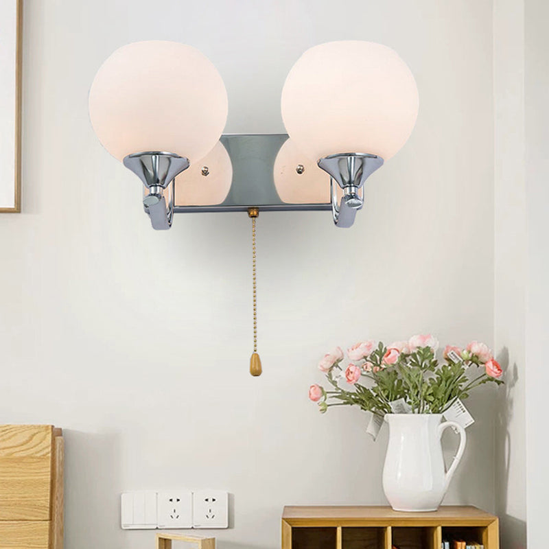 Cream Glass Global Wall Mount Light Modern 2-Head Chrome Wall Lamp Fixture with Pull Chain