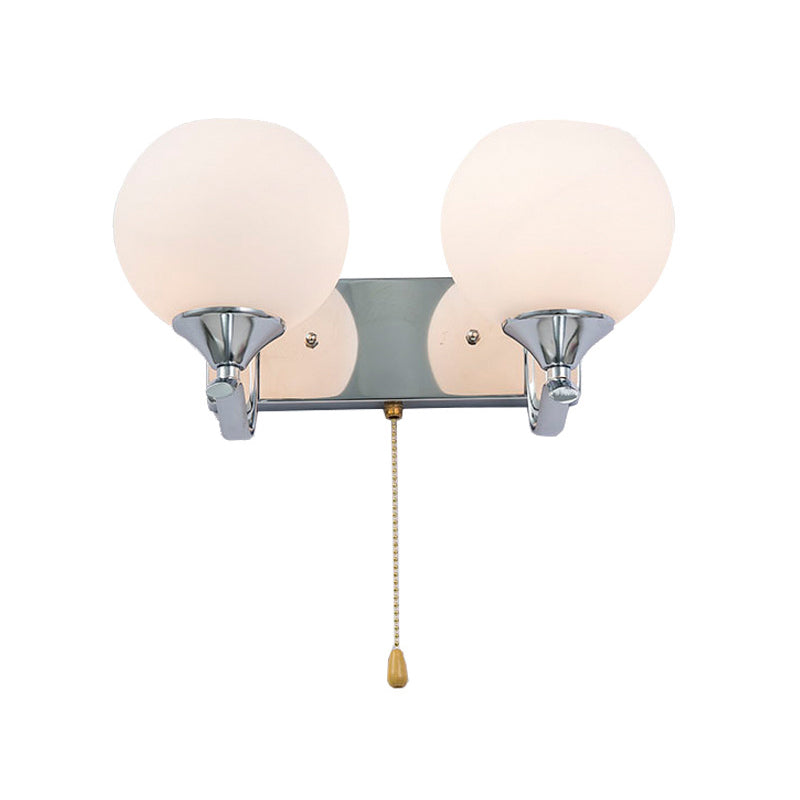 Cream Glass Global Wall Mount Light Modern 2-Head Chrome Wall Lamp Fixture with Pull Chain