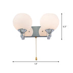 Cream Glass Global Wall Mount Light Modern 2-Head Chrome Wall Lamp Fixture with Pull Chain