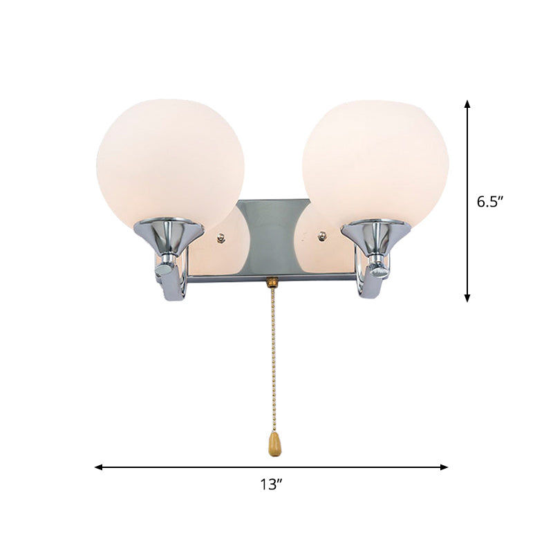 Cream Glass Global Wall Mount Light Modern 2-Head Chrome Wall Lamp Fixture with Pull Chain