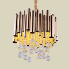 Slim Tube Metal Chandelier Light Fixture Modernist 6 Lights Gold/Rose Red Finish Pendulum Lamp with Crystal Ball Deco