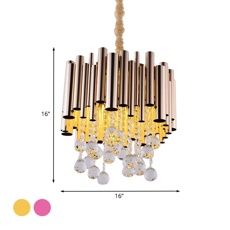 Slim Tube Metal Chandelier Light Fixture Modernist 6 Lights Gold/Rose Red Finish Pendulum Lamp with Crystal Ball Deco