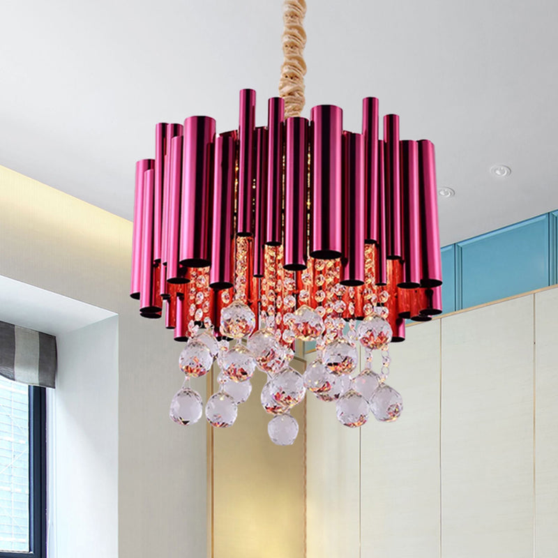 Slim Tube Metal Chandelier Light Fixture Modernist 6 Lights Gold/Rose Red Finish Pendulum Lamp with Crystal Ball Deco