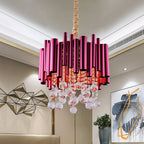 Slim Tube Metal Chandelier Light Fixture Modernist 6 Lights Gold/Rose Red Finish Pendulum Lamp with Crystal Ball Deco