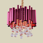 Slim Tube Metal Chandelier Light Fixture Modernist 6 Lights Gold/Rose Red Finish Pendulum Lamp with Crystal Ball Deco