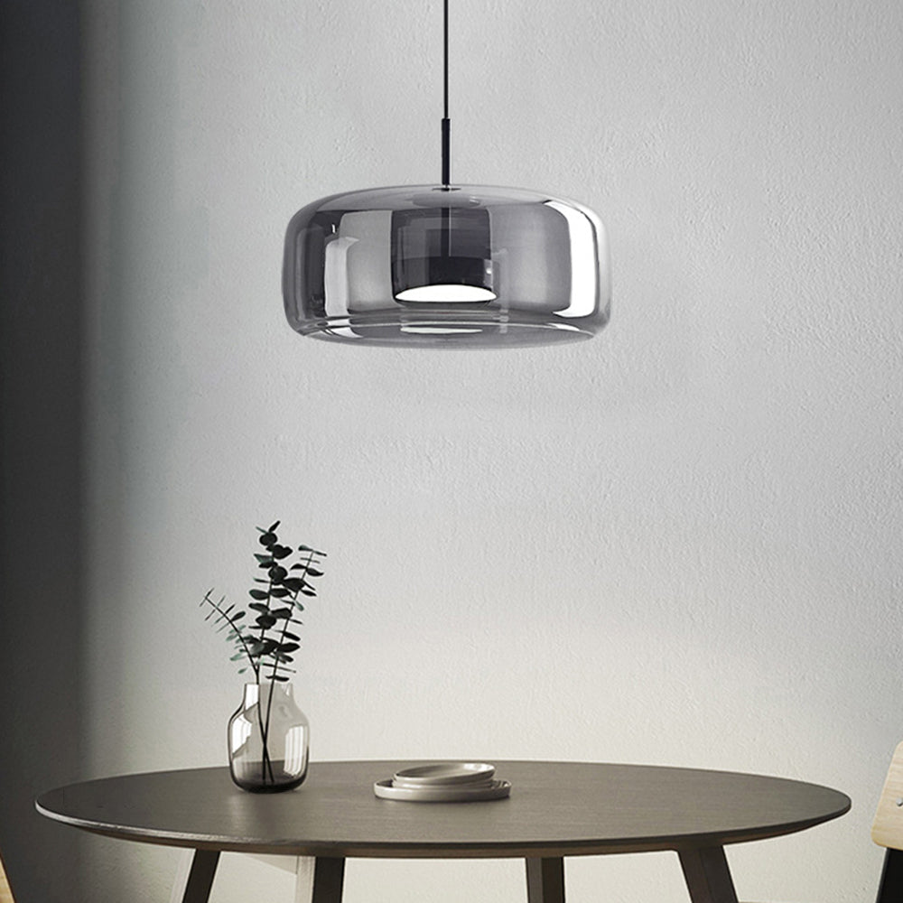 June Modern Cylinder Pendant Light. Clear/Smoky Gray/Amber