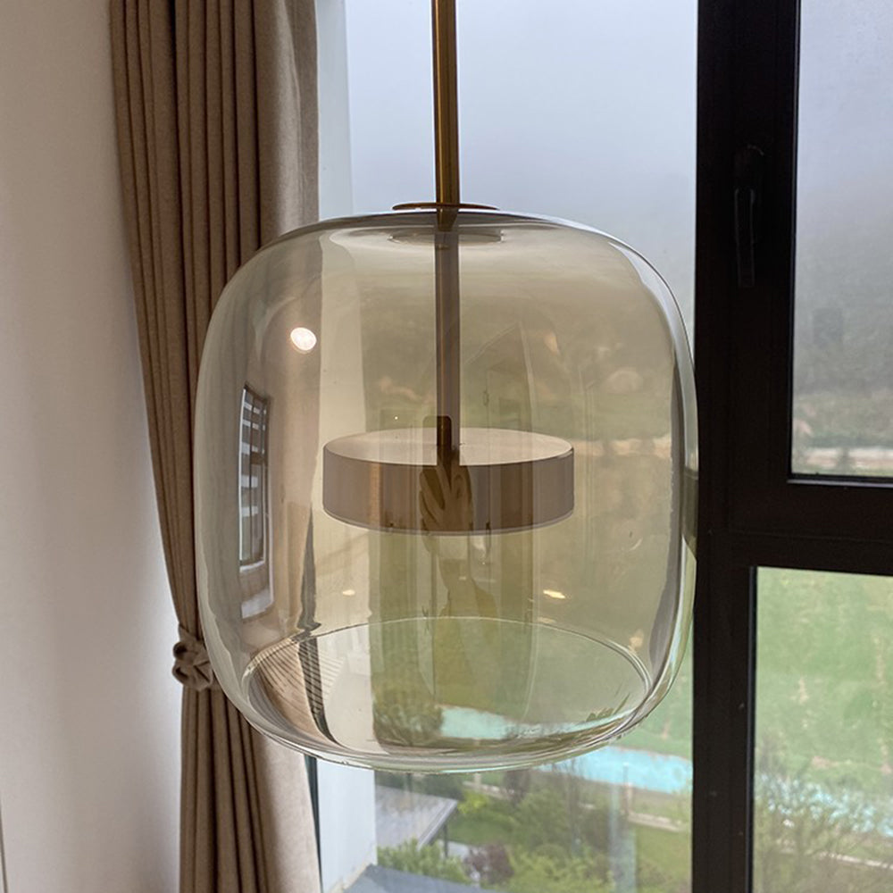 June Modern Cylinder Pendant Light. Clear/Smoky Gray/Amber