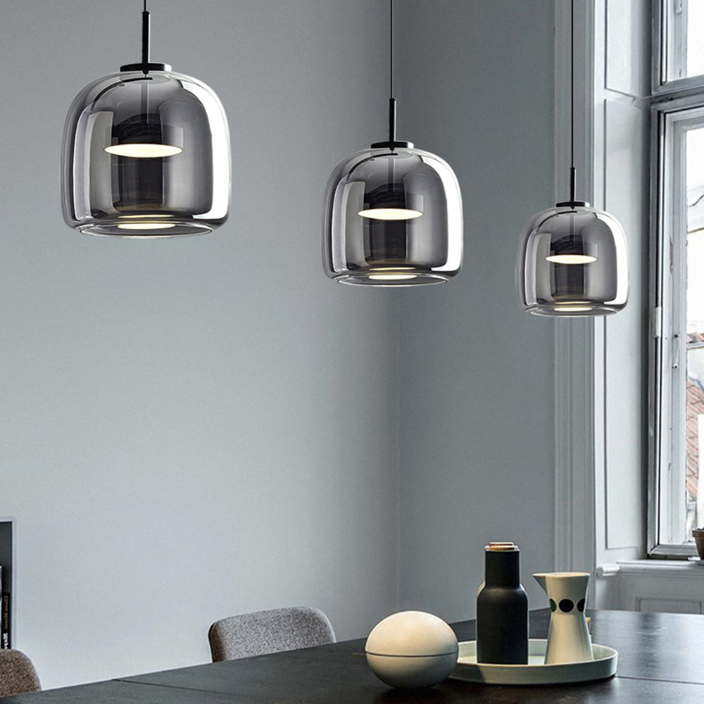 June Modern Cylinder Pendant Light. Clear/Smoky Gray/Amber