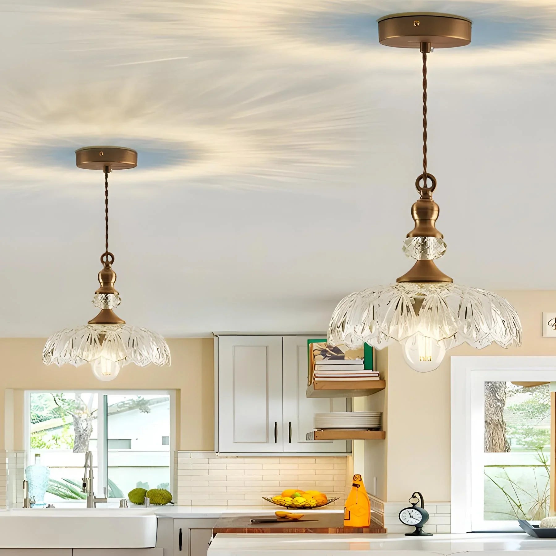 Anthea Retro Brass Glass Flower Pendant Light