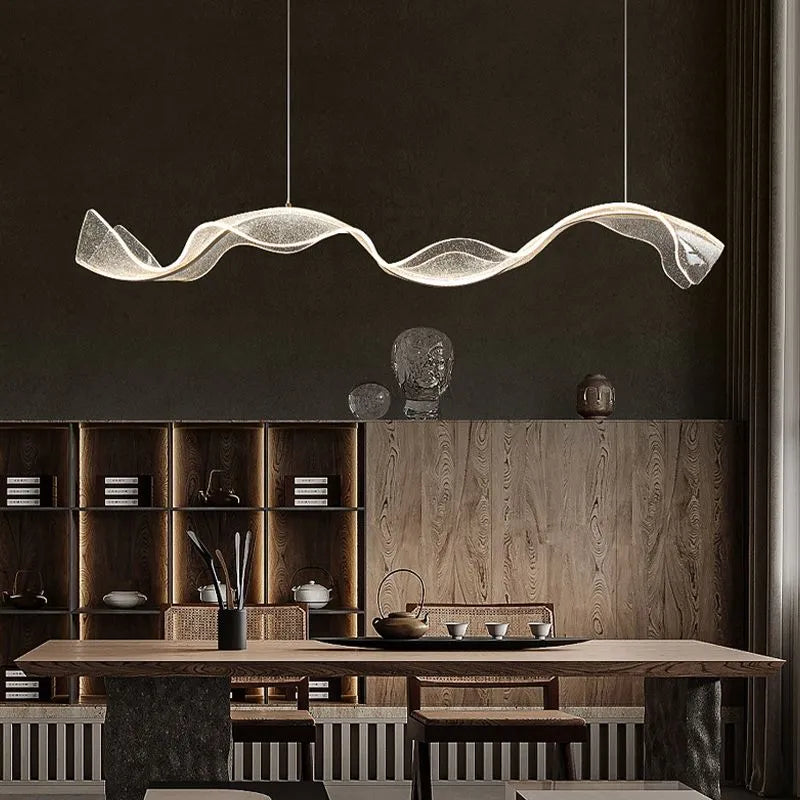 Kristy Pendant Light Designer Wave Acrylic, White/Gold, Dining Room