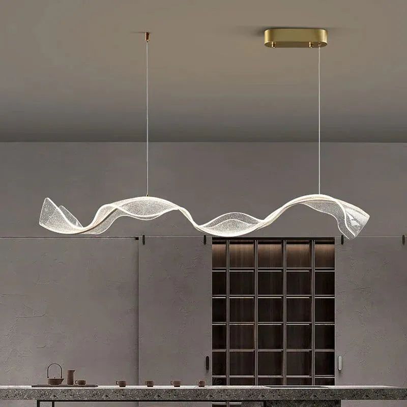 Kristy Pendant Light Designer Wave Acrylic, White/Gold, Dining Room