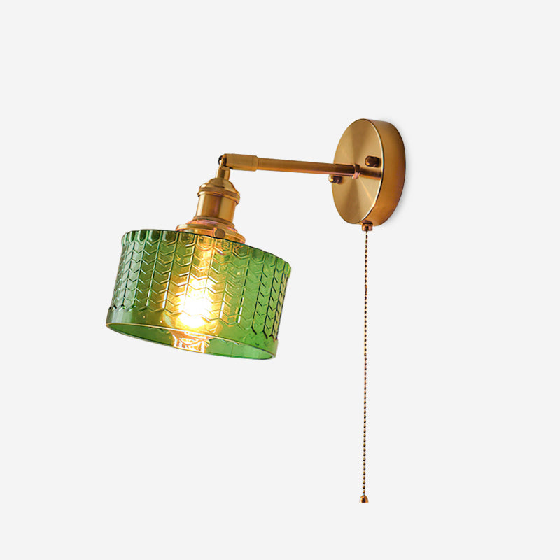 Wall Lamp Brass with Green/Clear Glass Shade and Pull Chain