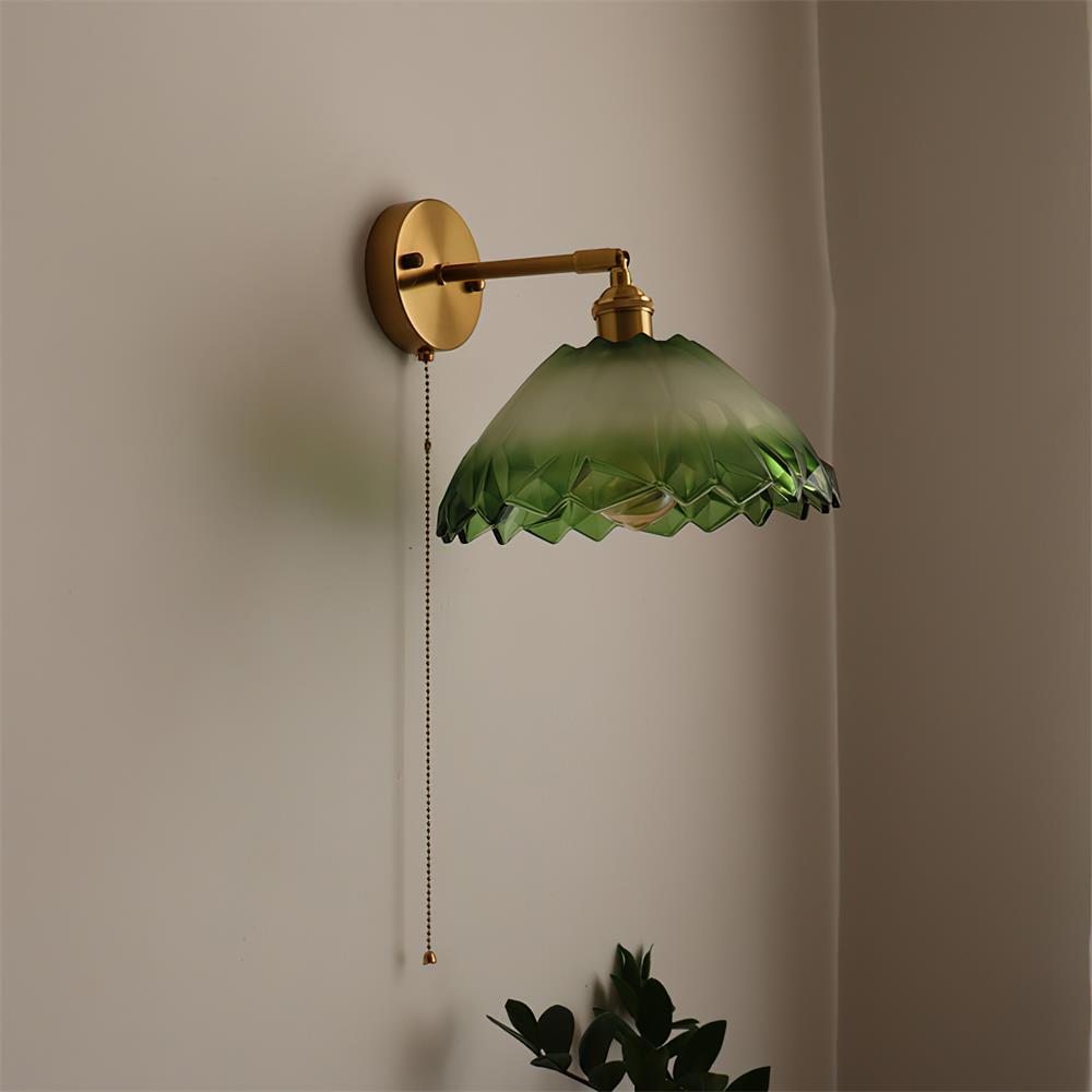 Wall Lamp Brass with Green/Clear Glass Shade and Pull Chain