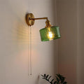 Wall Lamp Brass with Green/Clear Glass Shade and Pull Chain