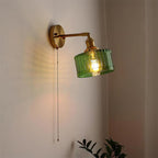 Wall Lamp Brass with Green/Clear Glass Shade and Pull Chain