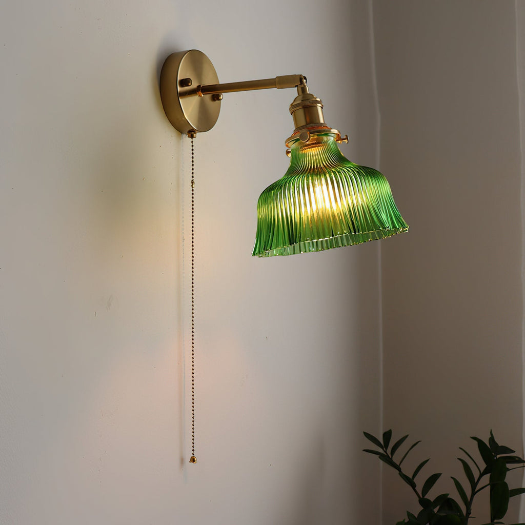 Wall Lamp Brass with Green/Clear Glass Shade and Pull Chain