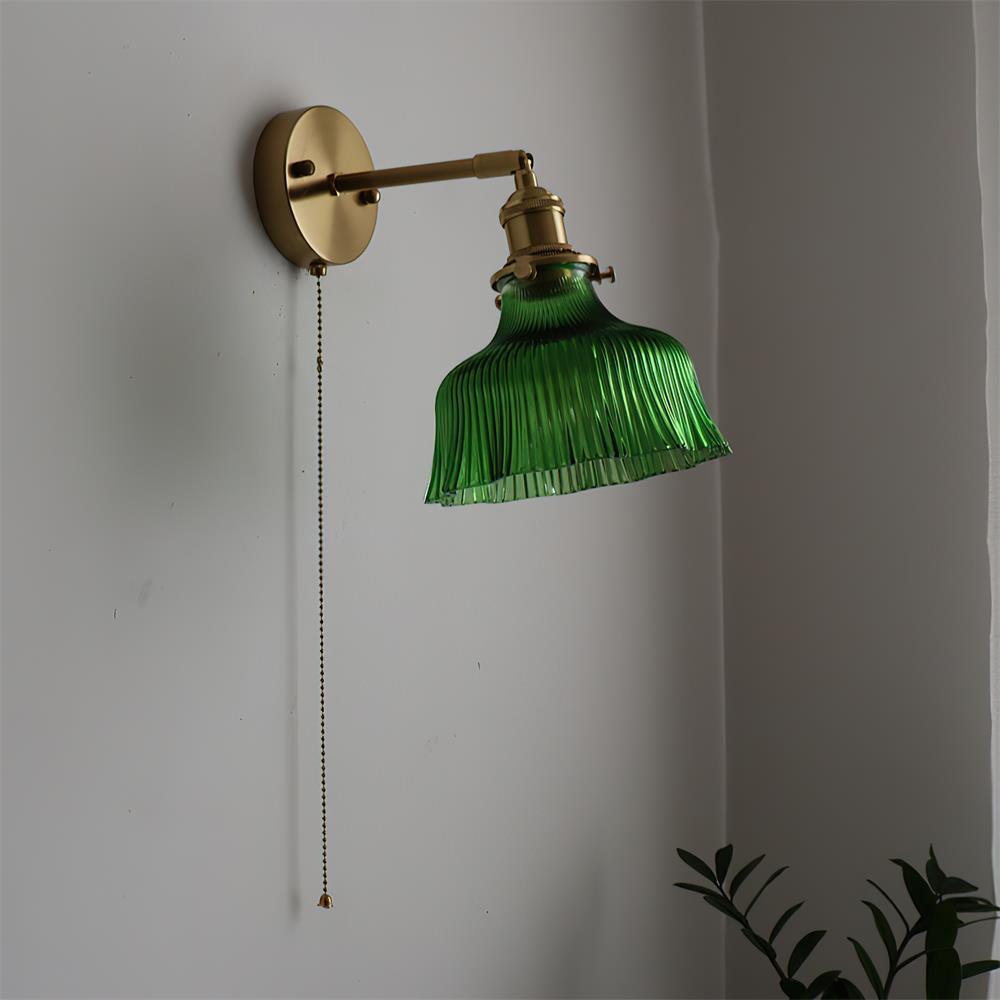 Wall Lamp Brass with Green/Clear Glass Shade and Pull Chain