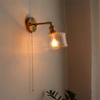Wall Lamp Brass with Green/Clear Glass Shade and Pull Chain