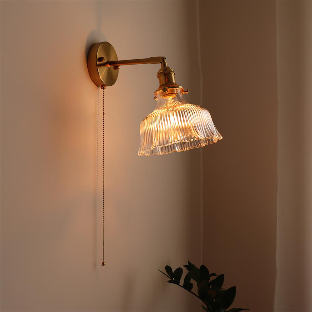 Wall Lamp Brass with Green/Clear Glass Shade and Pull Chain