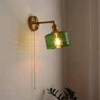 Wall Lamp Brass with Green/Clear Glass Shade and Pull Chain