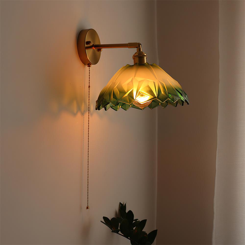 Wall Lamp Brass with Green/Clear Glass Shade and Pull Chain