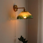 Wall Lamp Brass with Green/Clear Glass Shade and Pull Chain
