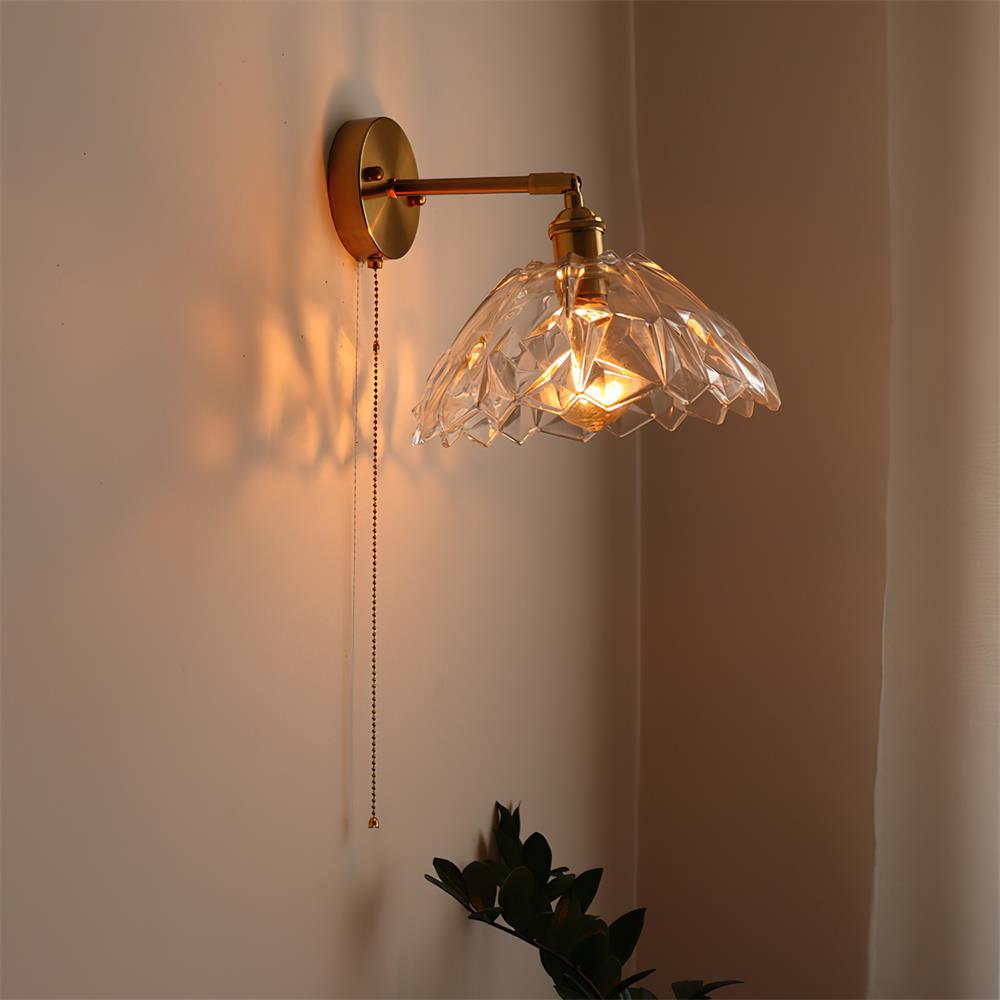 Wall Lamp Brass with Green/Clear Glass Shade and Pull Chain