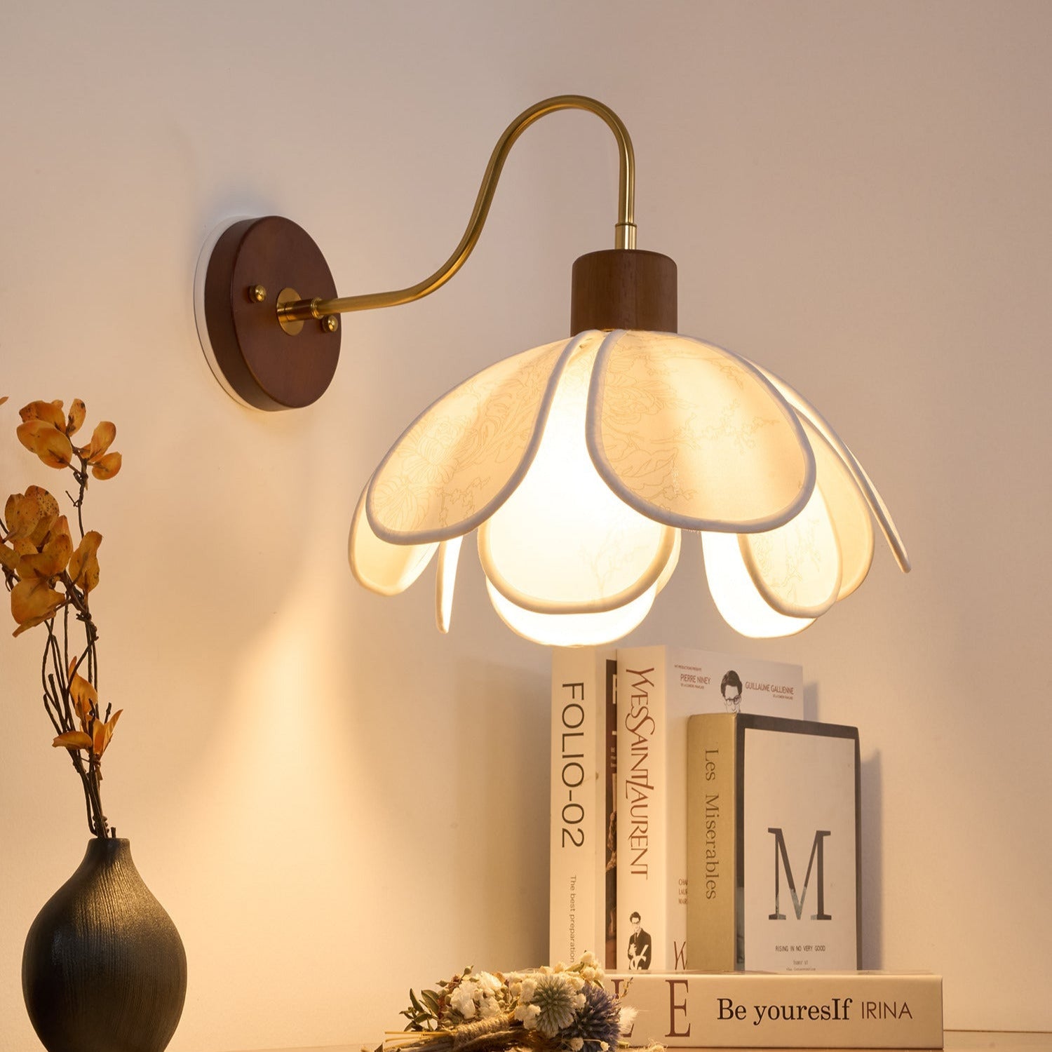 Yuki Floral Wall Sconce in Wood and Fabric