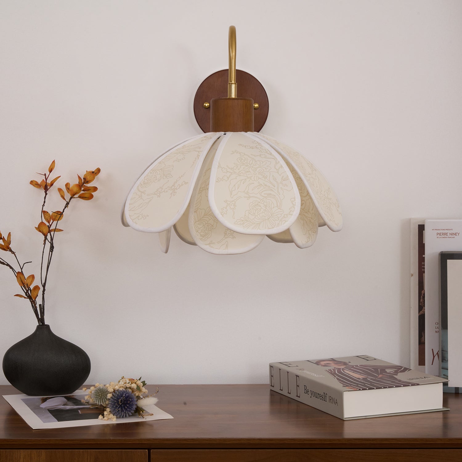 Yuki Floral Wall Sconce in Wood and Fabric