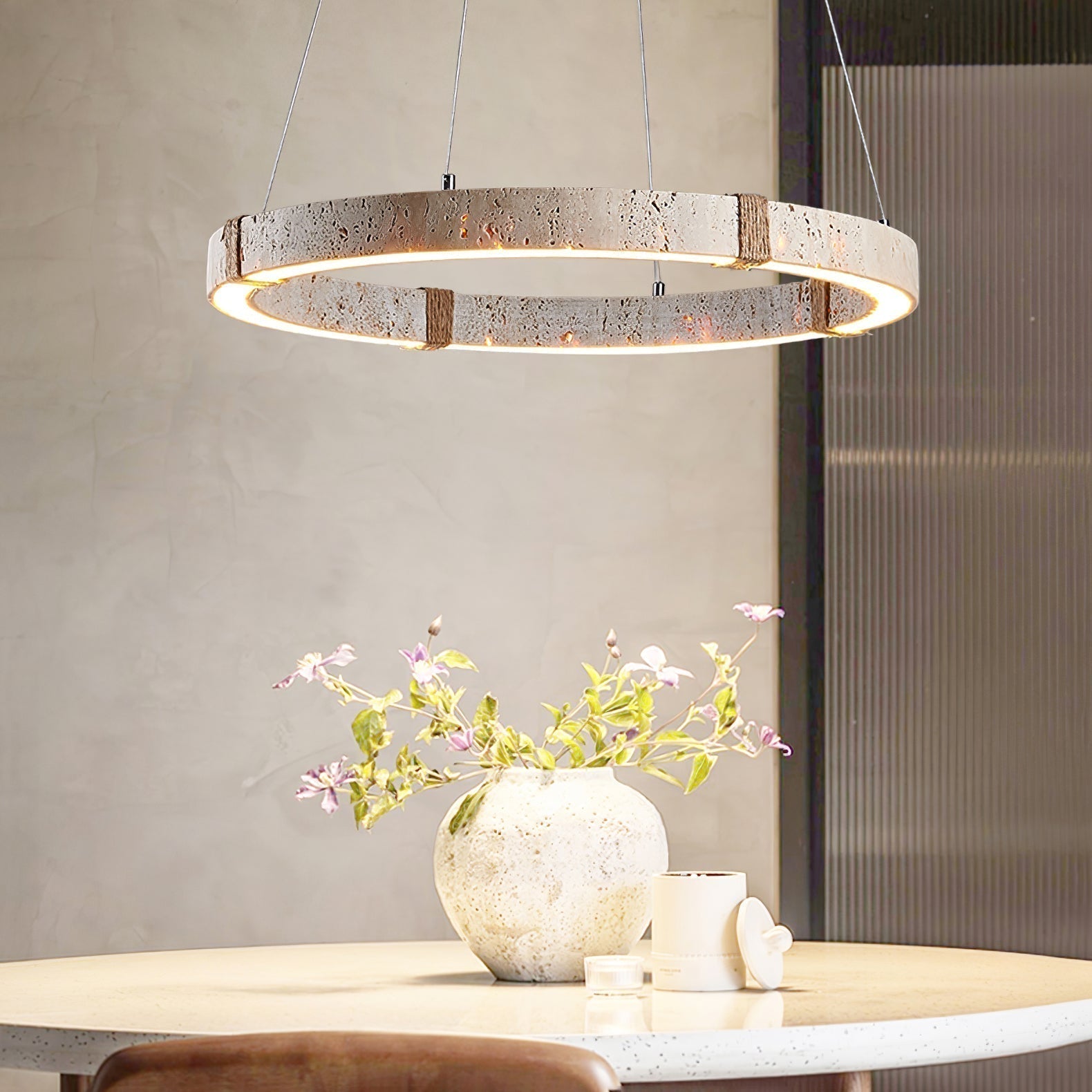 Lumae Ring-Shaped Suspension in Travertine Stone