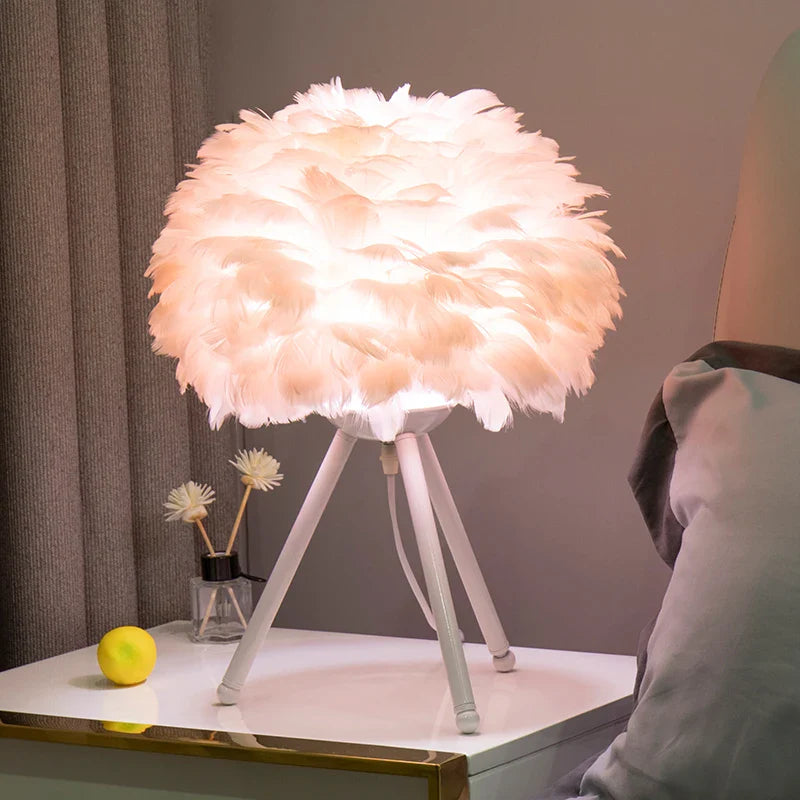 Exclusive Feather Table Lamp – Decorative Tripod Lamp, Gold Base