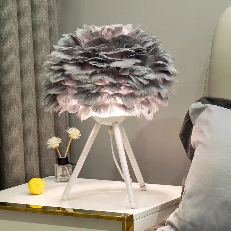 Exclusive Feather Table Lamp – Decorative Tripod Lamp, Gold Base