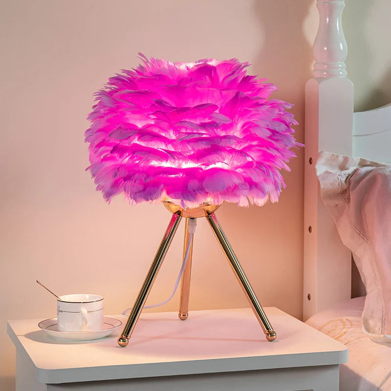Exclusive Feather Table Lamp – Decorative Tripod Lamp, Gold Base