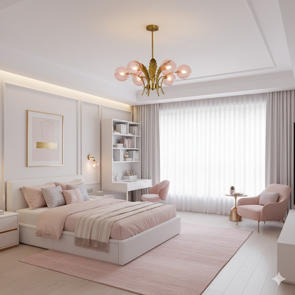 Sphere Ceiling Light Simplicity White/Pink/Cognac Glass 6-Bulb Drawing Room LED Hanging Chandelier with Leaf Decor